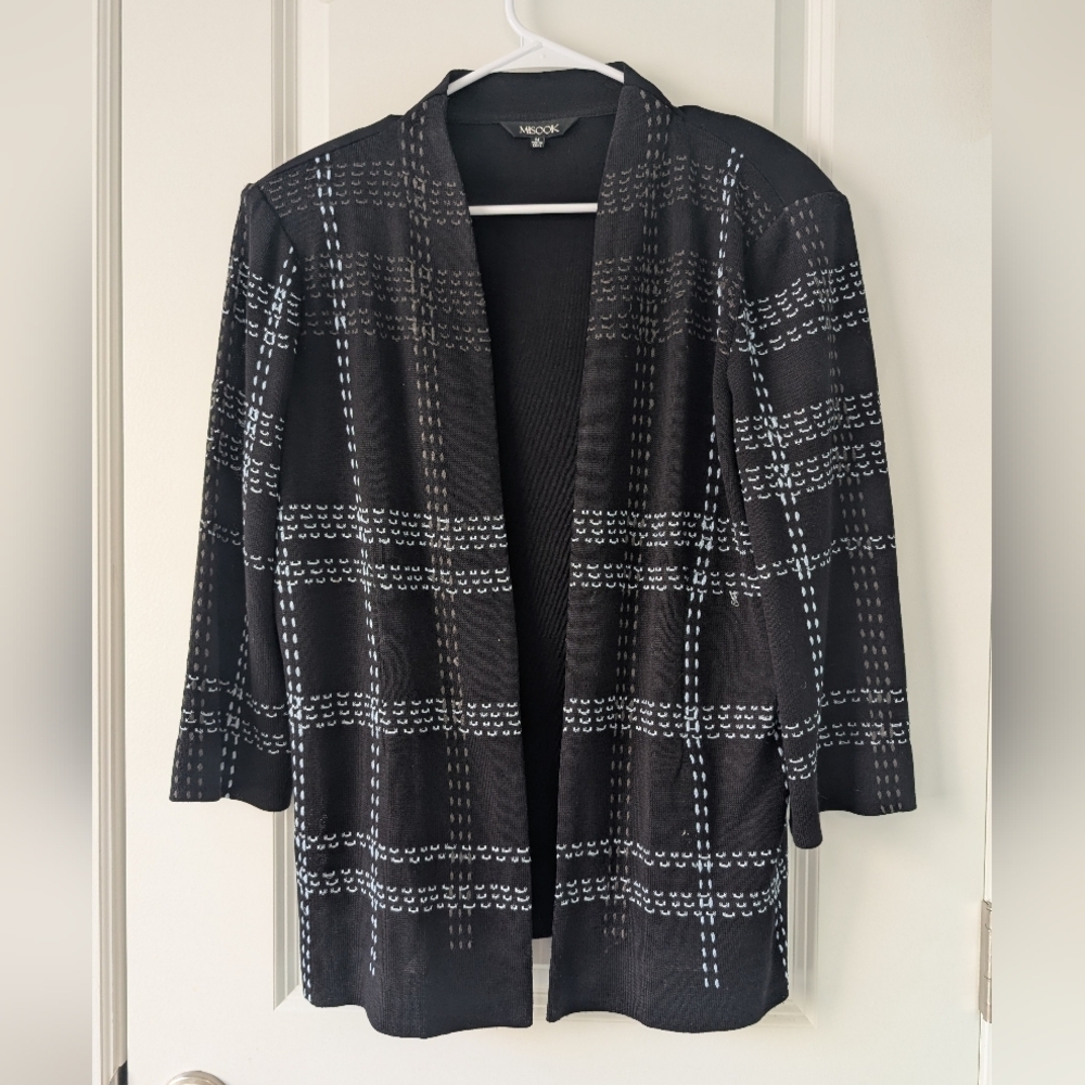 Misook, Women's‎ Size Medium, Black, 3/4 Sleeve Plaid Cardigan, Retro